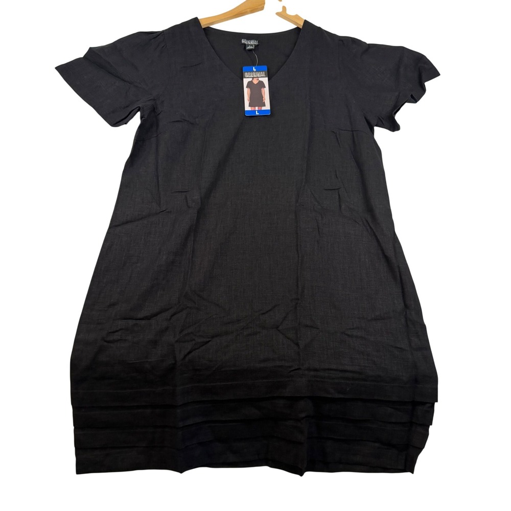 Original Black Linen Blend V-Neck Shift Dress with Pleated Hem NWT Large